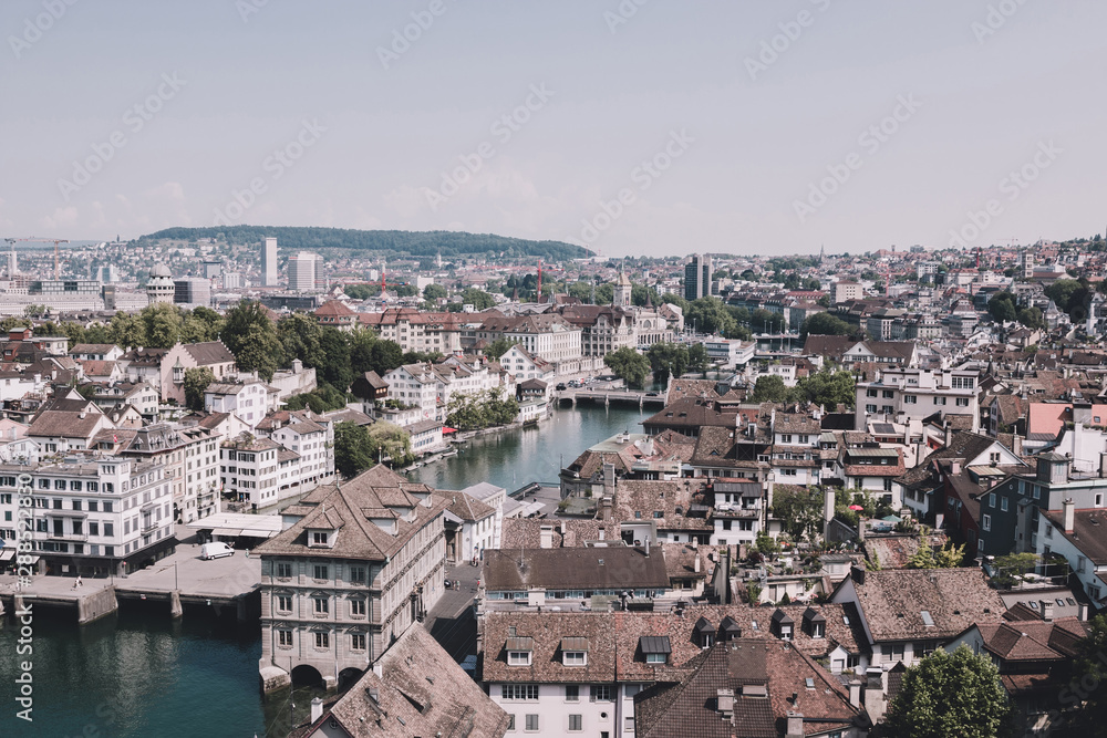 Aerial view of historic Zurich city center from Grossmunster Church