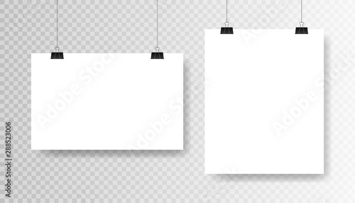 Blank white poster template on transparent background. Affiche, paper sheet hanging on a clip. Vector advertising banner mockup stand exhibit