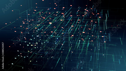 Blockchain network , Machine learning , deep learning and neural networks concept. Blue Distributed connection atom with black background , 3d rendering
