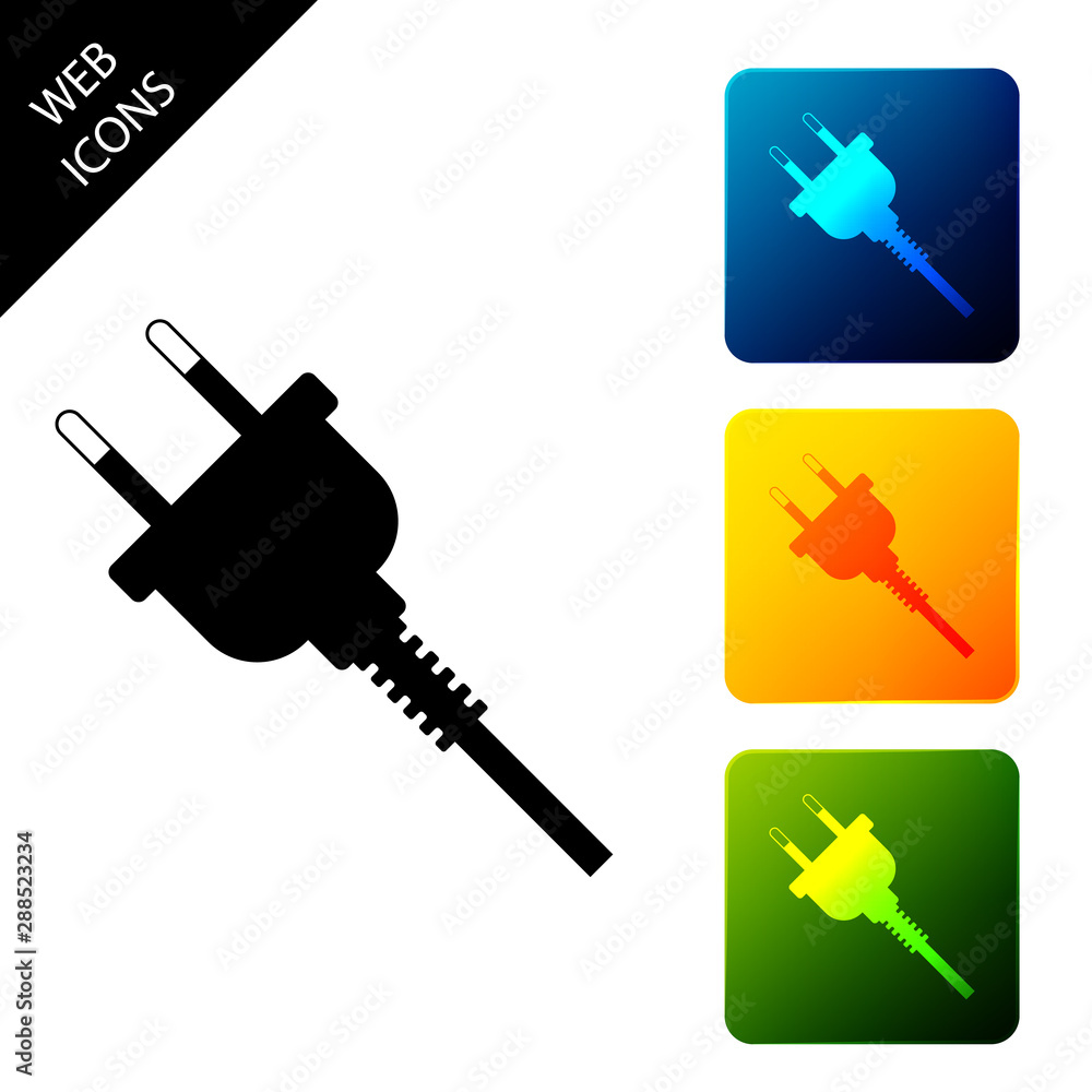 Electric plug icon isolated. Concept of connection and disconnection of the electricity. Set icons colorful square buttons. Vector Illustration Electric plug icon isolated. Concept of connection and disconnection of the electricity. Set icons colorful square buttons. Vector Illustration