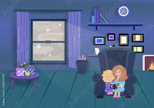 Bedtime stories living room interior, mother enjoys spending time with children good night in winter seasonal holiday background vector illustration