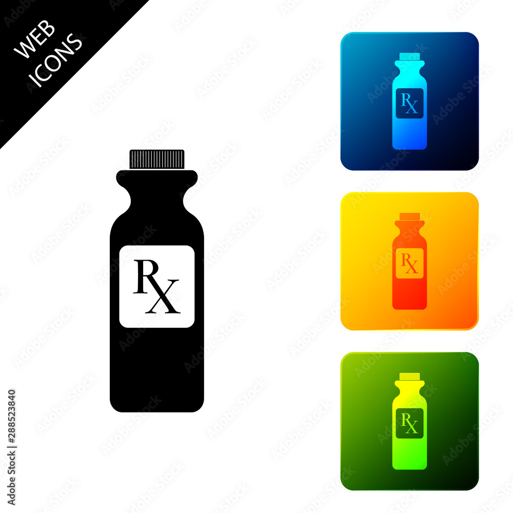 Pill bottle with Rx sign and pills icon isolated. Pharmacy design. Rx as a prescription symbol on drug medicine bottle. Set icons colorful square buttons. Vector Illustration Pill bottle with Rx sign and pills icon isolated. Pharmacy design. Rx as a prescription symbol on drug medicine bottle. Set icons colorful square buttons. Vector Illustration