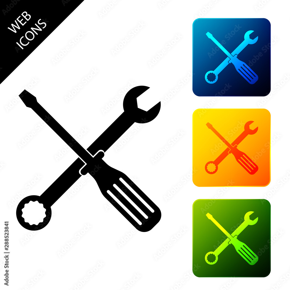 Spanner and screwdriver tools icon isolated. Service tool symbol. Set icons colorful square buttons. Vector Illustration Spanner and screwdriver tools icon isolated. Service tool symbol. Set icons colorful square buttons. Vector Illustration