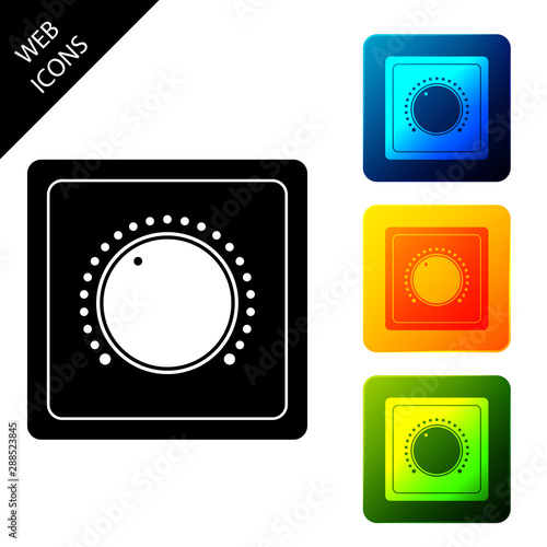 Electric light switch icon isolated. On and Off icon. Dimmer light switch sign. Concept of energy saving. Set icons colorful square buttons. Vector Illustration