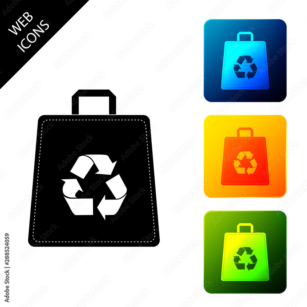 Paper shopping bag with recycle icon isolated. Bag with recycling symbol. Set icons colorful square buttons. Vector Illustration Paper shopping bag with recycle icon isolated. Bag with recycling symbol. Set icons colorful square buttons. Vector Illustration