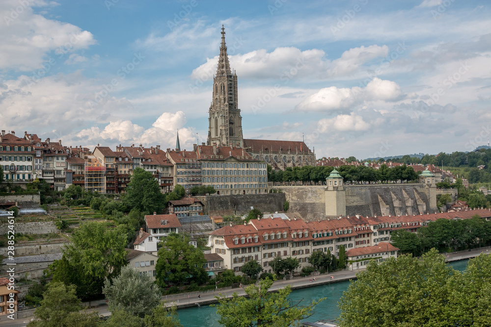 Panoramic view on Bern Minster and historic old town of Bern