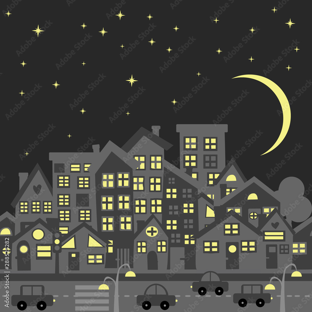 Night city skyline silhouette with cartoon traditional rooftops