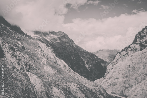 Panorama of mountains on route of Trift Bridge in national park Switzerland