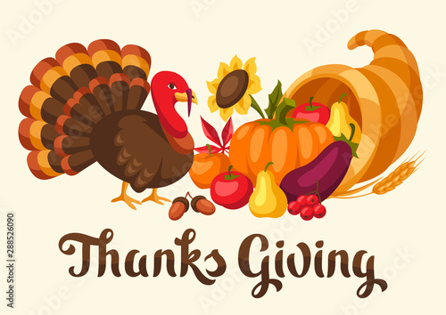 Happy Thanksgiving Day card with holiday objects.
