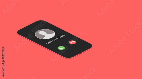 Unknown caller. Isometric smartphone with an unidentified person symbol. Green and red call answering icon