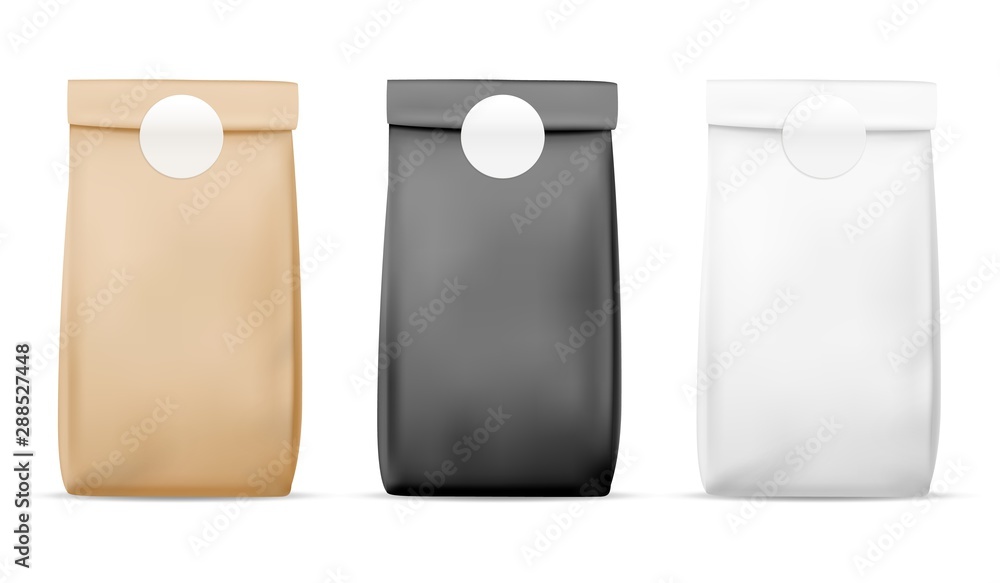 Paper packaging food bag. Blank white, brown and black bag. Product container package. Retail meal wrap realistic vector mockup Paper packaging food bag. Blank white, brown and black bag. Product container package. Retail meal wrap realistic vector mockup