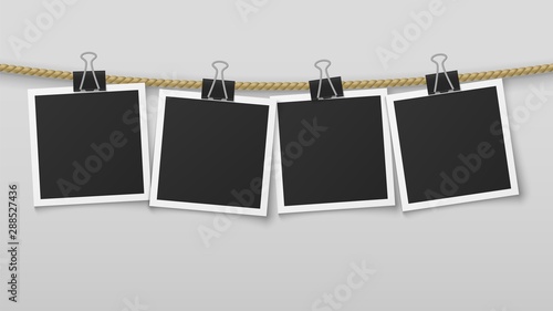 Photo frame hanging on rope. Blank photo paper frames, retro picture exhibition and clothespins. Vector album