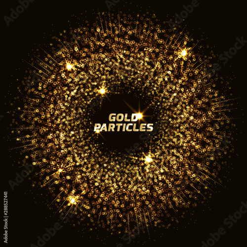 Circle of gold dust with lot of small particles and flickering sparks different scale.