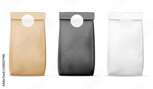 Paper packaging food bag. Blank white, brown and black bag. Product container package. Retail meal wrap realistic vector mockup