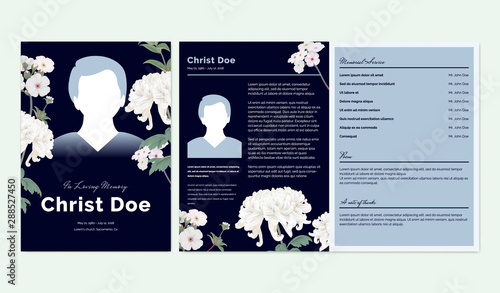 Botanical memorial and funeral invitation card template design, white Chrysanthemum morifolium and Woolly rock jasmine flowers, dark blue tone