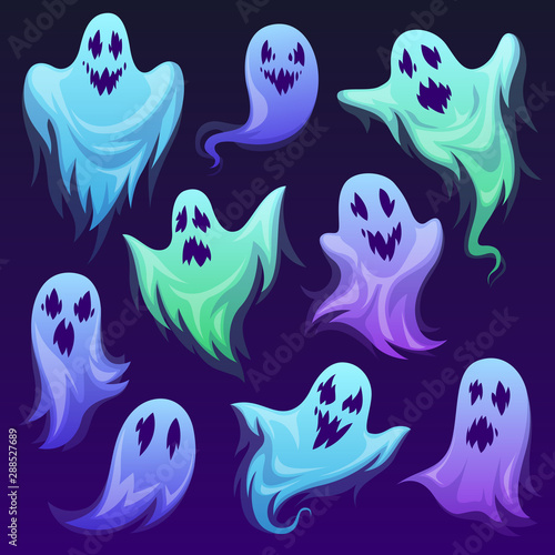 Ghost character. Halloween scary ghostly monster and spooks. Cute funny friendly ghoul, horror phantoms and holiday costume vector design