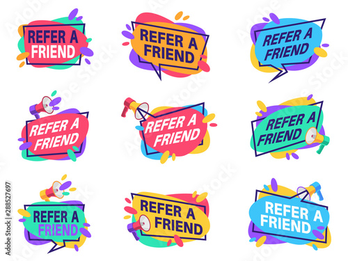 Refer friend labels. Referral program for marketing badges with loudspeaker. Friendly recommendation vector suggestion tags with megaphone