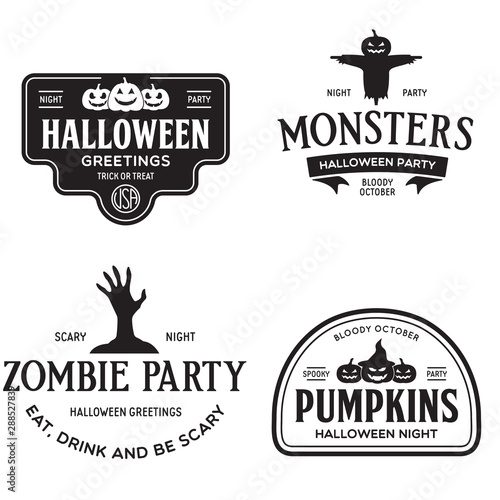 Vintage set of happy halloween vintage badges, emblems and labels. Halloween party templates with pumpkin, zombie, scarecrow.
