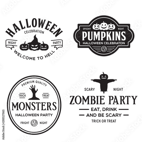 Vintage set of happy halloween vintage badges, emblems and labels. Halloween party templates with pumpkin, zombie, scarecrow.