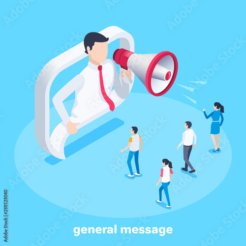 isometric vector image on a blue background, a man in business clothes with a loudspeaker and people who came to the call, attracting buyers and subscribers