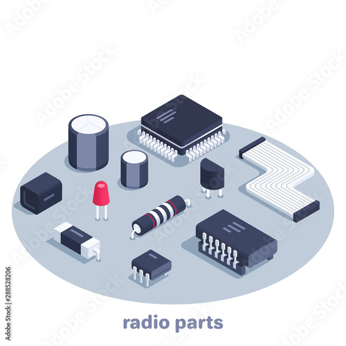 isometric vector image on a white background, a set of radio components and parts, sale and repair of electronics