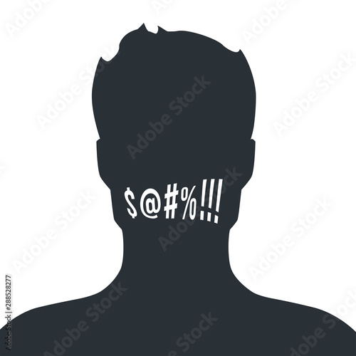 flat vector image on a white background, black silhouette of a man with icons at his mouth, obscene language and swearing