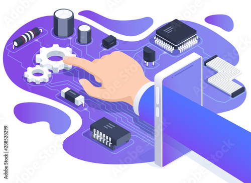 isometric vector image on a white background, the hand of a man in a business suit passes through the screen of a smartphone, gears and radio components on the board, repair and tuning of electronics