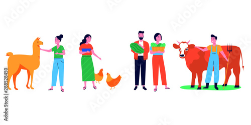 People doing farm activities. Farmes breeding cow and lama, harvesting fruits, lady feeding chicken. Cartoon vector flat illustration isolated on white background.