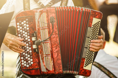 Fototapeta Male playing on the accordion against a grunge background