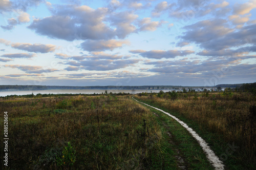 early morning. the wilderness. field. fog.