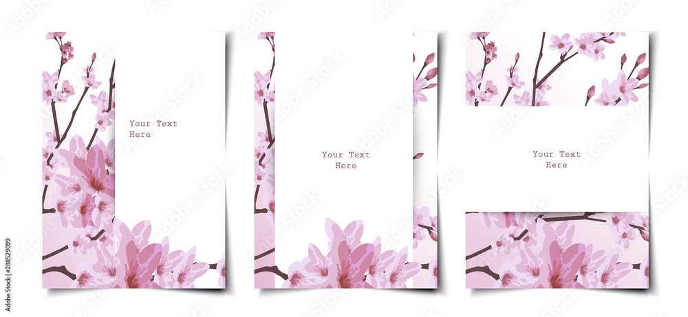 Set of pink cherry blossom flat cover template layout