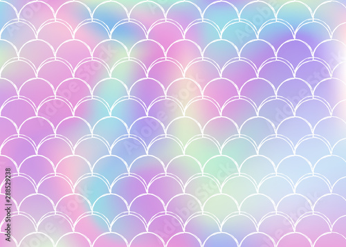 Holographic mermaid background with gradient scales. Bright color transitions. Fish tail banner and invitation. Underwater and sea pattern for girlie party. Spectrum back with holographic mermaid.