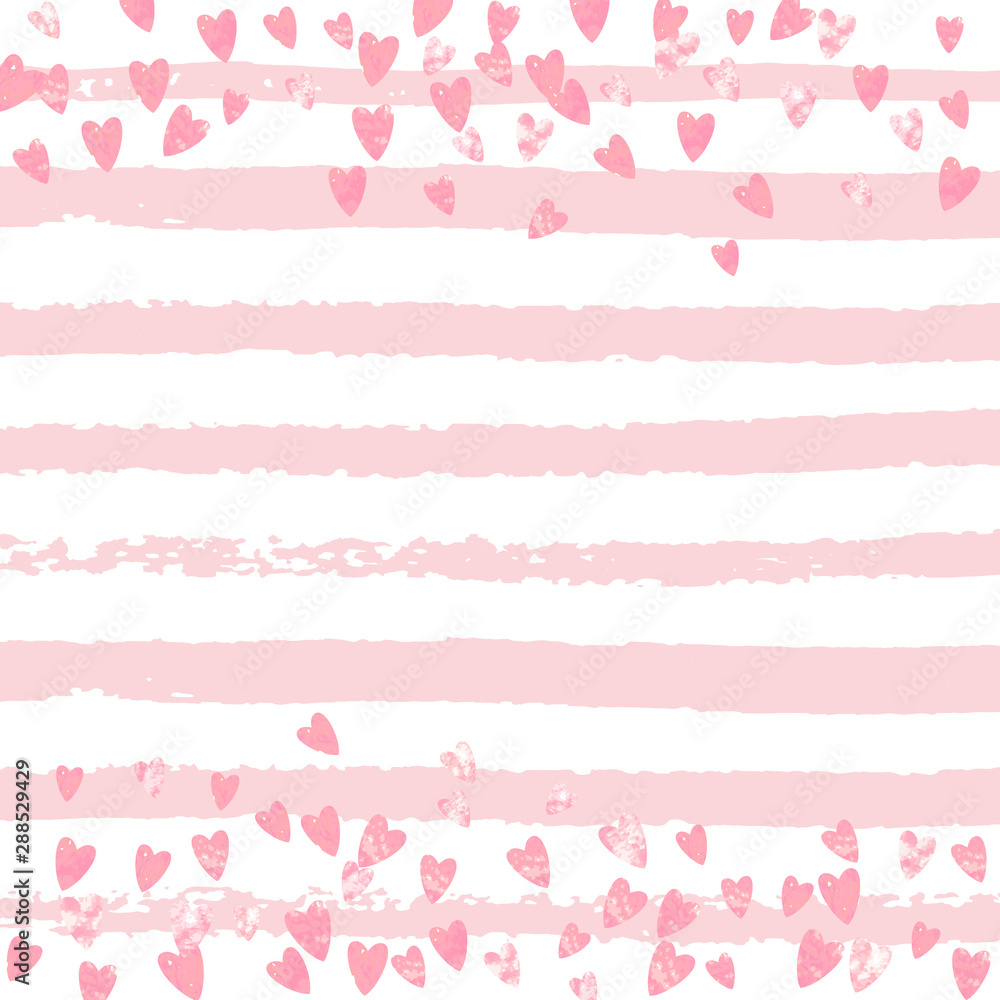 Pink glitter hearts confetti on white stripes. Shiny random falling sequins with shimmer. Template with pink glitter hearts for greeting card, bridal shower and save the date invite.