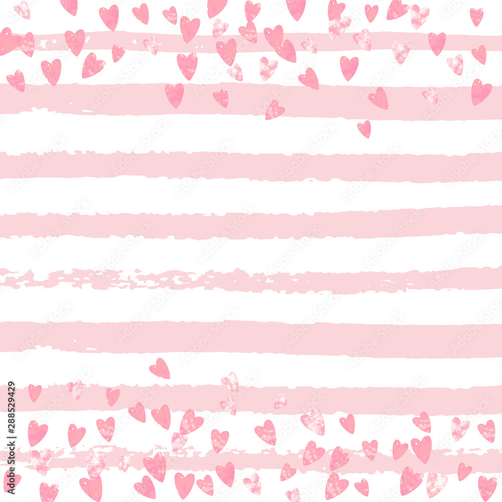 Pink glitter hearts confetti on white stripes. Shiny random falling sequins with shimmer. Template with pink glitter hearts for greeting card, bridal shower and save the date invite. Pink glitter hearts confetti on white stripes. Shiny random falling sequins with shimmer. Template with pink glitter hearts for greeting card, bridal shower and save the date invite.