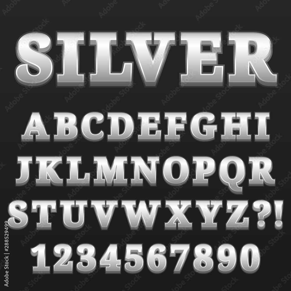 Letter Alphabet With Numbers Silver Glossy Style Design Stock Vector ...