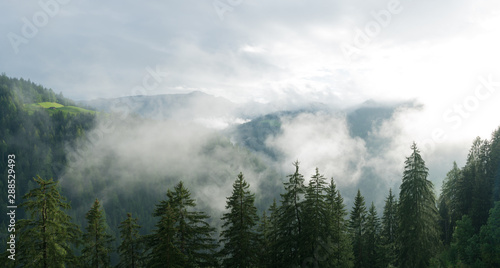 sun shining through fog and clouds after rain in a forest and mountain landscape