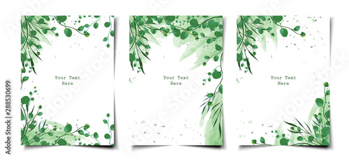 Set of watercolor green floral foliage cover, banner, invitation template layout