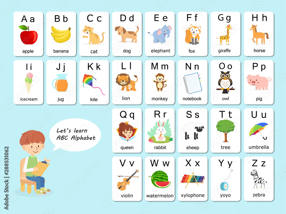 English Vocabulary And Alphabet Flash Card Vector For Kids To Help Learning  And Education In Kindergarten Children. Words Of Letter Abc To Z ,Each Card  Isolated On White Background. Stock Vector |