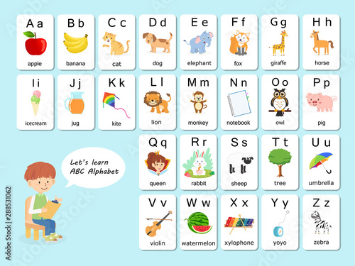 English vocabulary and alphabet flash card vector for kids to help learning and education in kindergarten children. Words of letter abc to z ,each card isolated on white background. photo