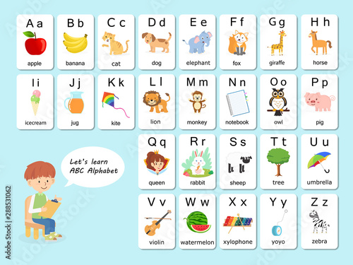 English vocabulary and alphabet flash card vector for kids to help learning and education in kindergarten children. Words of letter abc to z ,each card isolated on white background.