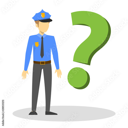 Police officer stand at the question mark. Male guard