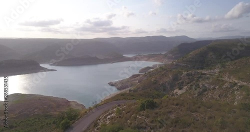 Drone view of Collection, calm lake surrounded with nature