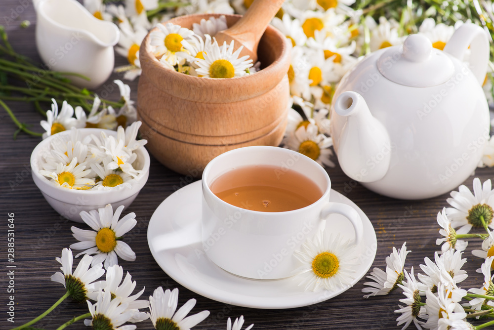 Cup of chamomile herbal tea with flowers Cup of chamomile herbal tea with flowers