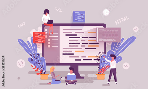Flat web page design template of programming skill homepage or header decorated people character for website and mobile website development. Flat landing page template. Vector illustration.