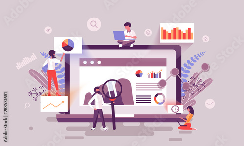 Flat web page design template of digital marketing homepage or header decorated people character for website and mobile website development. Flat landing page template. Vector illustration.