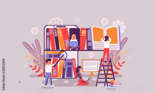 Flat web page design template of book library homepage or header decorated people character for website and mobile website development. Flat landing page template. Vector illustration.