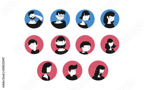People Avatar Set Vector. Man  Woman. People User Person. Trendy Image. Comic Face Art. Cheerful Worker Avatar. Round Portrait. Cute Employer. Flat Cartoon Character Illustration