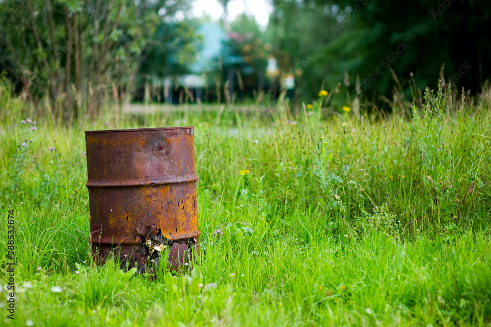 Obraz premium old rusty barrel with holes stands in bright grass against a background of greenery in defocus
