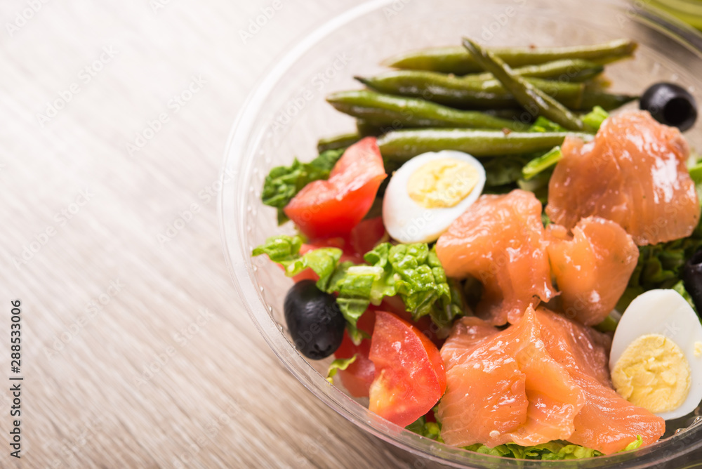 salmon, egg, tomato, asparagus salad