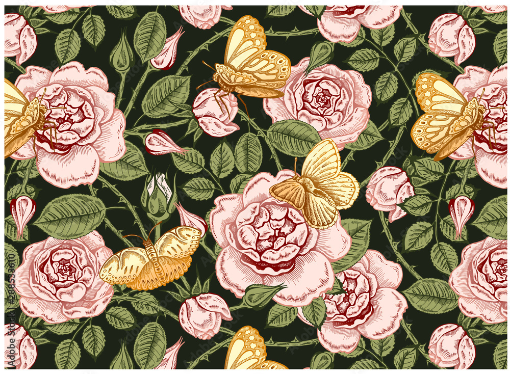 Vector illustration of sketch hand drawn pattern in vintage style with  blossom flowers and butterflies. Line art floral botanical wallpaper with  pink roses, green leaves, peonies, gold butterfly. Stock Vector | Adobe